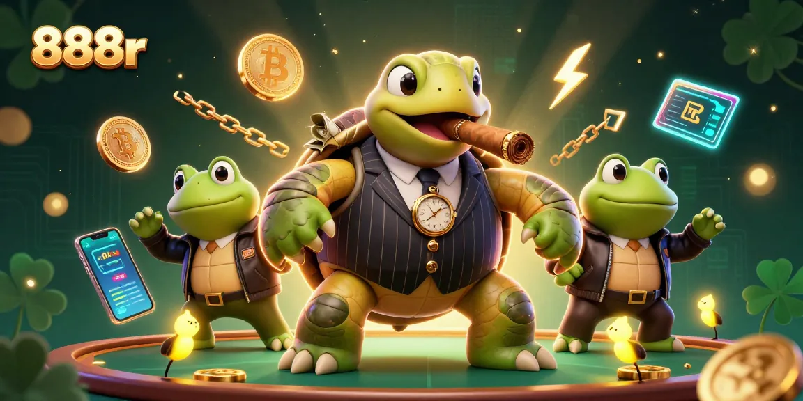 Engage in thrilling gameplay with 888r in a vibrant casino scene featuring colorful characters and crypto elements.