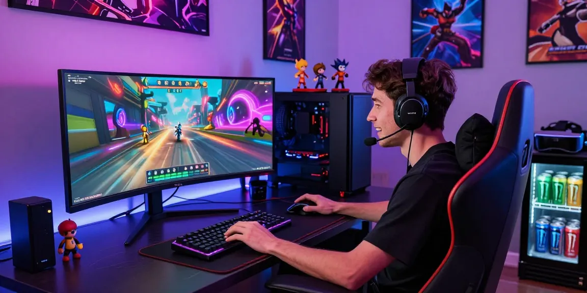 Pemain ligagalaxy serius di depan layar besar dengan perangkat gaming modern